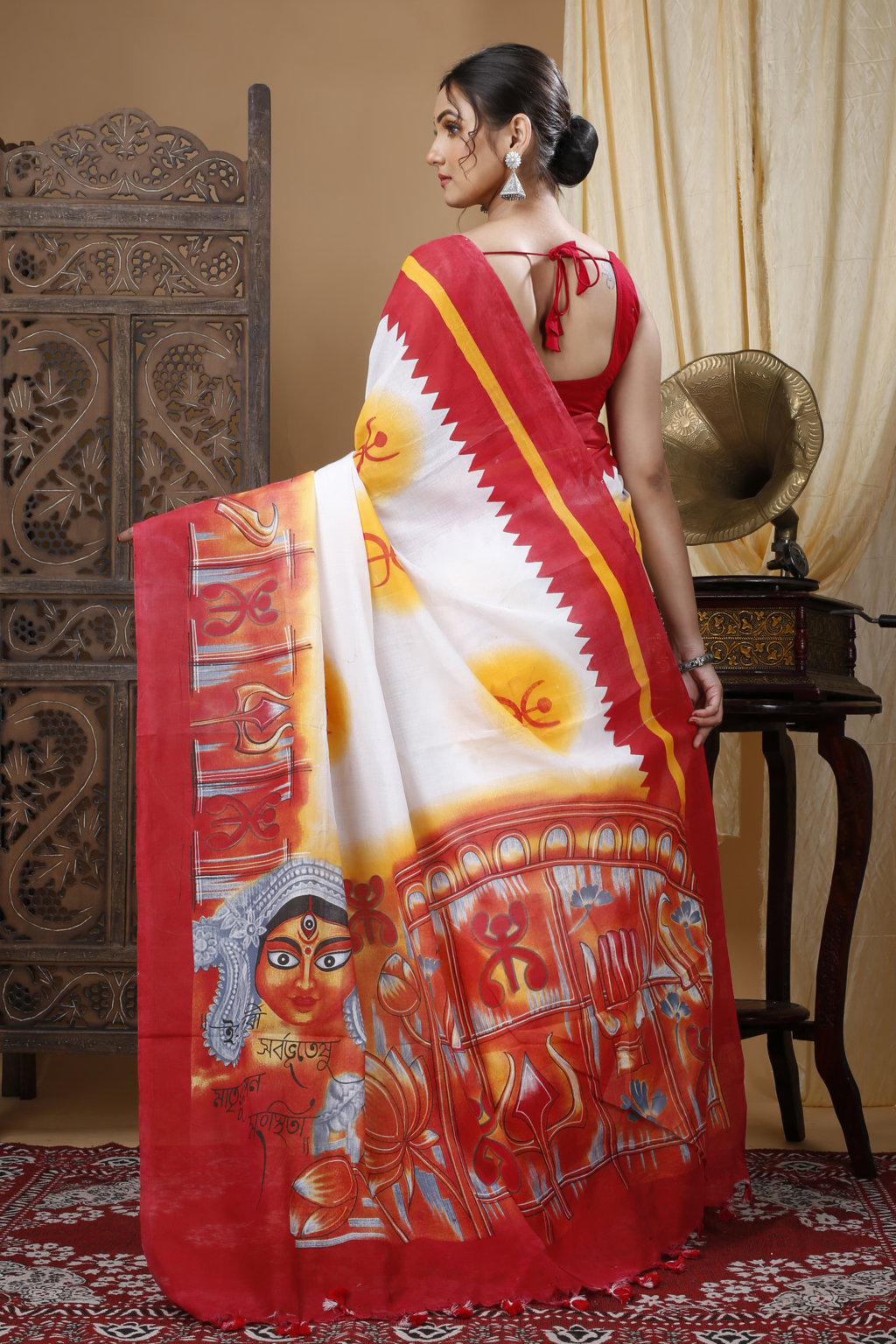 Red Pure Cotton Durga Printed Handloom Saree (1316)